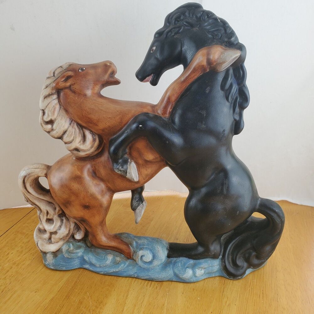 Horses Vintage 1976 Hand Painted Ceramic 12"x11" Signed B.R. '76 Black & Brown